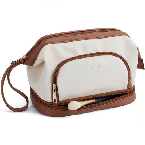 Telena Makeup Bag Large Capacity Travel Cosmetic Bags Double Layer Portable Leather Make Up Bag for Women Beige with Brown