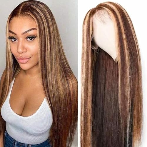 Straight Highlight Ombre Lace Front Wigs Human Hair 13x4 HD Transparent 4/27 Honey Blonde Lace Frontal Wigs Pre Plucked with Baby Hair 150% Density (22 inch, p4/27 Highlight)