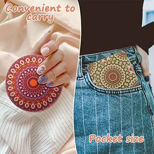 Mandala Design Pocket Mirror Mini Travel Makeup Purse Compact Accessories Beauty Magnifying Double Sides Pocket Mirror Portable Handheld Folding PU Leather Supply for Women(6 Pieces)