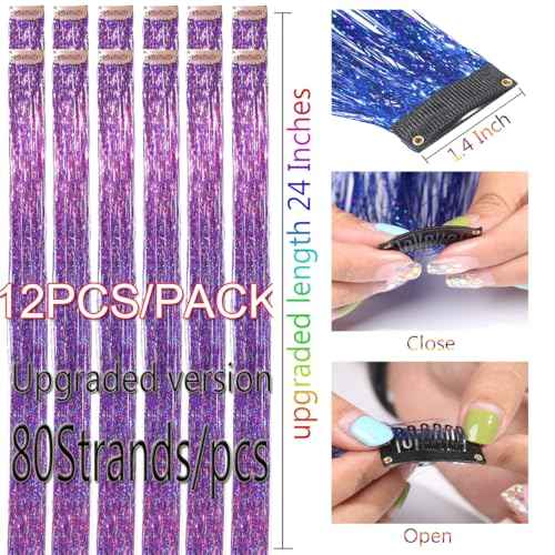 Hair Tinsel Clip in Purple Fairy Hair for Girls for Party Cosplay Christmas New Year Gift (24 Inch Pack of 12Pcs, Deep Purple)
