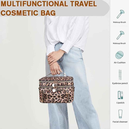 FITINI Double Layer Travel Makeup Bag,Women Cosmetic Organizer Case,Skin Care Essentials Toiletries Bags with Shoulder Strap Waterproof Brush Storage with Removable Dividers,Extra Large Brown Leopard