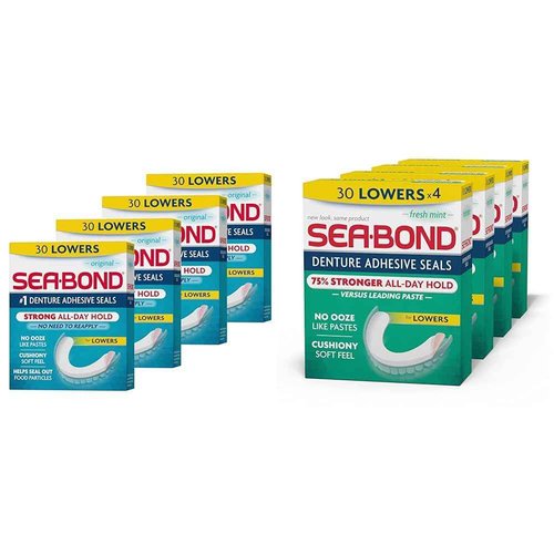 Sea Bond Secure Denture Adhesive Seals, Original Lowers, Zinc-Free, All-Day-Hold, Mess-Free, 30 Count (Pack of 4) & Secure Denture Adhesive Seals, Fresh Mint Lowers