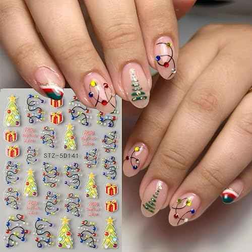 Christmas Nail Stickers 5D Embossed Nail Decals DIY Self Adhesive Nail Design Sticker Christmas Tree Nail Decoration Supplies Holiday Manicure Accessories for Women Girls 3Pcs