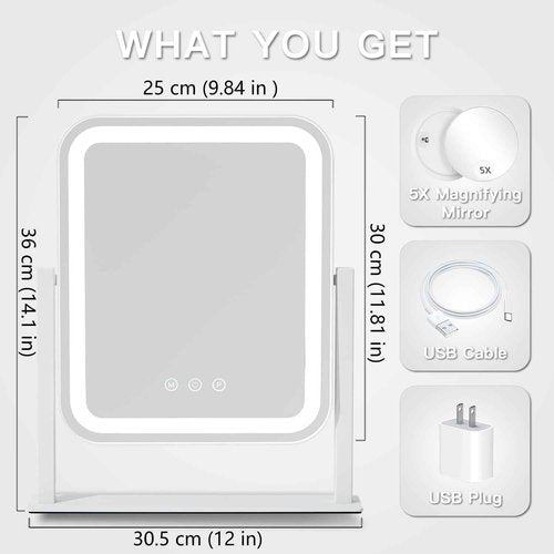 HIEEY Vanity Mirror with Lights, Makeup Mirror with Lights, Three Color Lighting Modes, and 5X Magnification Mirror, Smart Touch Control, 360°Rotation (14.1" x 12" White,Gift Box)