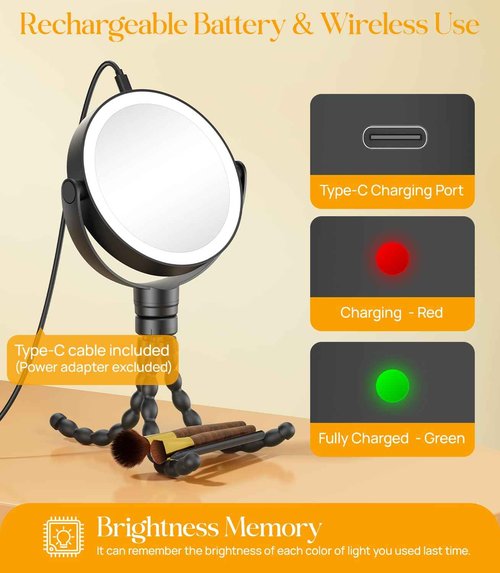 Gospire 5.85” Tripod Travel Makeup Mirror with Lights and Magnification 1X/10X, 4 in 1 Winding Hanging Handheld Tabletop, 3 Light Colors and Adjustable Brightness – Black