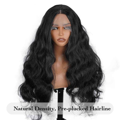 Macodio 26Inch Black Wavy Synthetic fiber Wigs Hand Tied Glueless Natural Density Preplucked Hairline for Daily Party Use (Style 1)