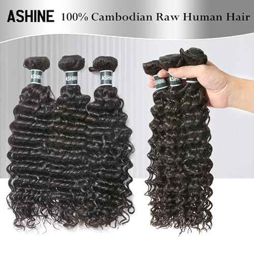 ASHINE Human Hair Bundle Deep Wave Unprocessed Cambodian Raw Hair 16 Inch, Flip Over Quick Weave Wet and Wave Bundles for Women Natural Black