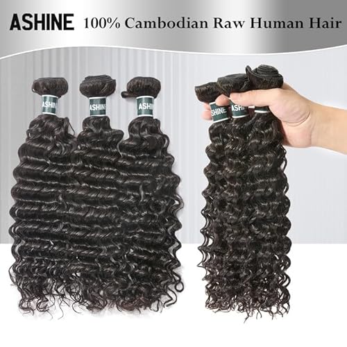 ASHINE Human Hair Bundle Deep Wave Unprocessed Cambodian Raw Hair 20 Inch, Flip Over Quick Weave Wet and Wave Bundles for Women Natural Black