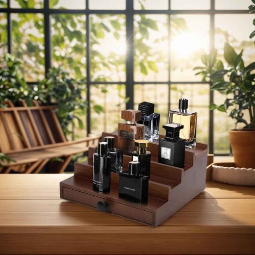 Fengligoo Walnut Cologne Organizer for Men - 4 Tier Wooden Cologne Perfume Display Stand with Drawer and Hidden Compartment, Mens Cologne Holder Shelf for Organizing and Storing