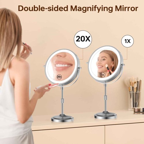 Erlingeryi 9" Magnifying Mirror with Lights 20X, Height Adjustable, Dimmable, Rechargeable, Chrome