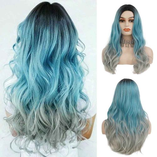 Siudus Ombre Blue Curly Wigs for Women Dark Root Long Wavy Middle Part Hair Wig Heat Resistant Fibre Cosplay Costume Halloween Wig