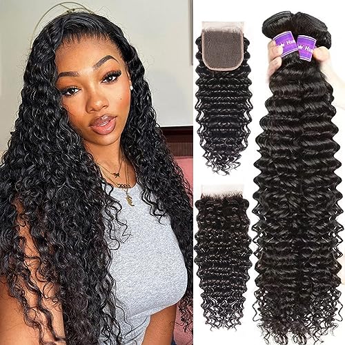 Deep Wave Bundles with Closure (12 14 16+10£¬Free Part) 100% Unprocessed Brazilian Virgin Hair Weave Bundles with Lace Closure Curly Virgin Human Hair Weft Natural Color for Black Women
