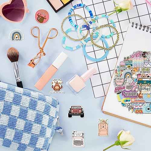 58 Pcs Checkered Makeup Bag Set Preppy Aesthetic Cosmetic Bag Travel Makeup Pouch Toiletry Bag 7 Pcs Heishi Surfer Bracelets with 50 Pcs Cute Stickers for Women Girls Teens Gift