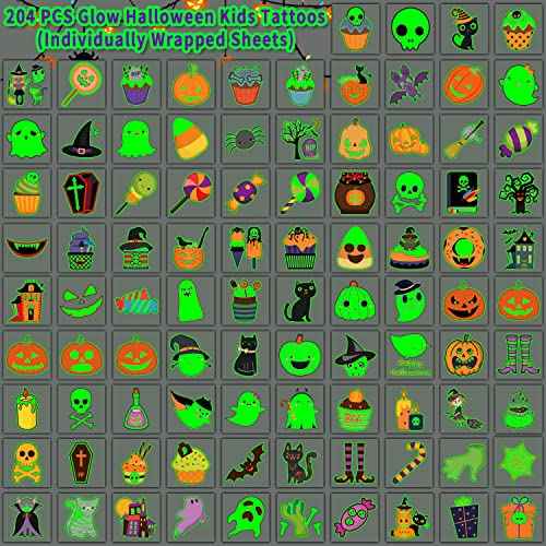 Partywind 204 PCS Individually Wrapped Sheets Glow Halloween Tattoos for Kids Party Decorations, Luminous Pumpkin Tattoo Stickers, Kids Halloween Treats, Party Supplies