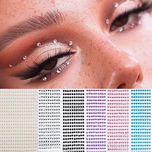 Pearl Makeup Self Adhesive Rhinestones for Eye Jewels Face Gems Halloween Decoration, Nail Rhinestones Body Temporary Tattoo Diamonds, Eyeshadow Jewelry Sticker for Women Girls 6 Sheets