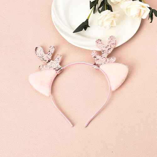 Xiyantiji Christmas Elk Headband for Women Girls Pink Reindeer Antler Ears Headbands Christmas Headpiece for Kids Xmas Costume Hair accessories for Christmas Cosplay Party Gifts Headwear