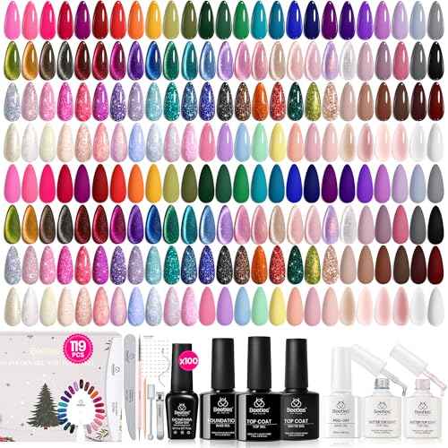 Beetles Gel Nail Polish Gift Set? Christmas Kaleidoscope 100 Vibrant Colors with Base & Top Coats Glitter Matte Glossy Finishes Cat Eye Pearl Nail Polish Nail Art Gift for Women Salon Home DIY Use