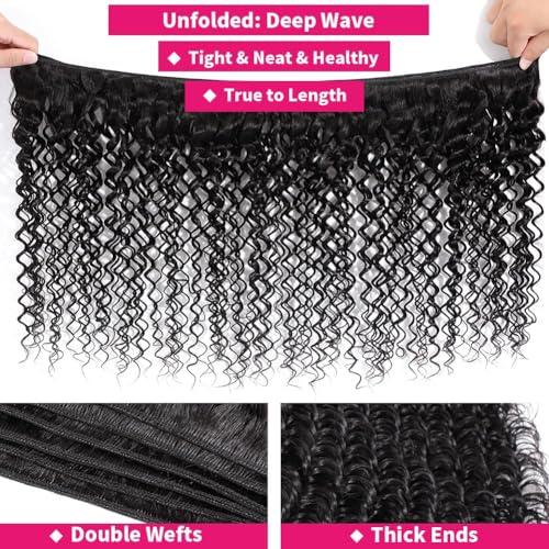 Human Hair Bundles Deep Wave 3 Bundles (14 16 18inches) 12A Grade Brazilian Virgin 100% Unprocessed Human Hair Deep Wavy Bundles Natural Black Raw Hair