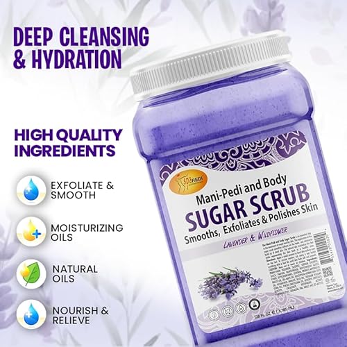 SPA REDI ? Sugar Body Scrub, Lavender and Wildflower, 128 Oz Exfoliating, Moisturizing, Hydrating and Nourishing, Glow, Polish, Smooth and Fresh Skin - Body Exfoliator