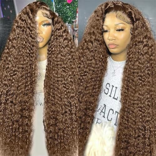 13x6 Chocolate Brown Deep Wave Lace Front Wig Human Hair Wig for Women 180% Density HD Deep Curly Lace Frontal Wigs Human Hair Pre Plucked with Baby Hair (Chocolate Brown, 24 Inch)