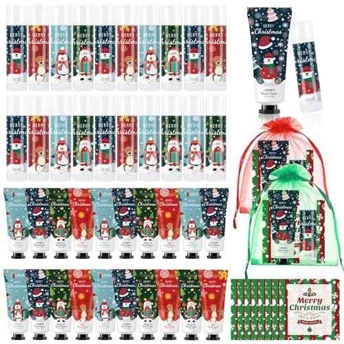 36 Set Christmas Hand Cream Gift Set, Including Moisturizing Hand Lotion, Xmas Lip Balm, Gauze Bags, Thank You Cards Natural Fragrant Bulk Christmas Gifts for Coworkers Employees Stuffers