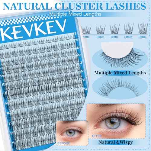 KEVKEV Wispy Lash Clusters Ultra-Thin Band Natural Eyelash Clusters 8-16mm Soft Cluster Eyelash Extensions Mix Length Ultra-Light Natural Look Natural Lash Clusters DIY Lash At Home(Wispy03)