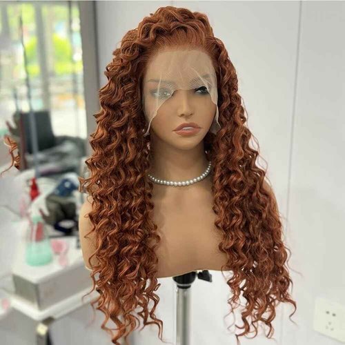Ginger Long Curly Lace Wig Glueless Synthetic Lace Front Wigs For Women Heat Resistant Cosplay Orange 24Inch Long Deep Curl Wig Princess Merida Cosplay