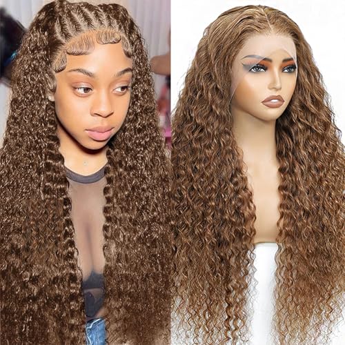 13x6 Chocolate Brown Deep Wave Lace Front Wig Human Hair Wig for Women 180% Density HD Deep Curly Lace Frontal Wigs Human Hair Pre Plucked with Baby Hair (Chocolate Brown, 24 Inch)