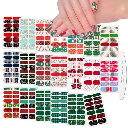 JERCLITY 280 Pieces 20 Sheets Christmas Nail Wraps Stickers Nail Polish Strips Self-Adhesive Full Wraps with Nail Files for Christmas DIY Nail Art Decals