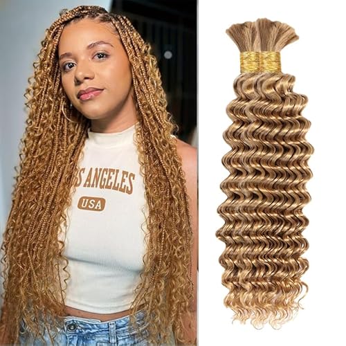 Human Braiding Hair For Braids 24 Inch 100g/2Bundles Deep Wave Bulk Human Hair For Braiding Wet And Wavy Human Hair Extensions For Braids 12A No Weft Bulk Human Hair Honey Blonde