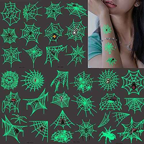 73PCS Luminous Halloween Spider Web Temporary Tattoos for Kids, Costume Makeup Glow in the Dark Fake Tattoo Stickers, Face Cosplay Holiday Party Favors Gifts for Adults Classroom School Prizes Reward