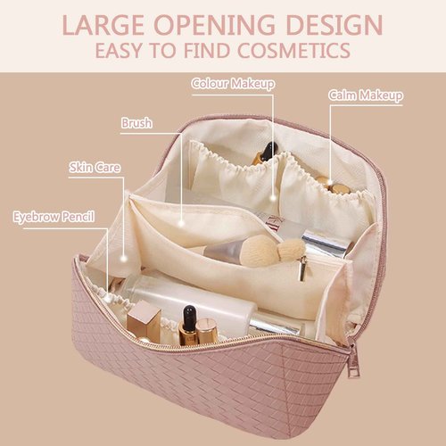 BAKLUCK Travel Cosmetic Bag with Compartments - Large Capacity, Lay Flat, Pink Checkered Pattern PU Leather Portable Makeup Bag for Women & Girls