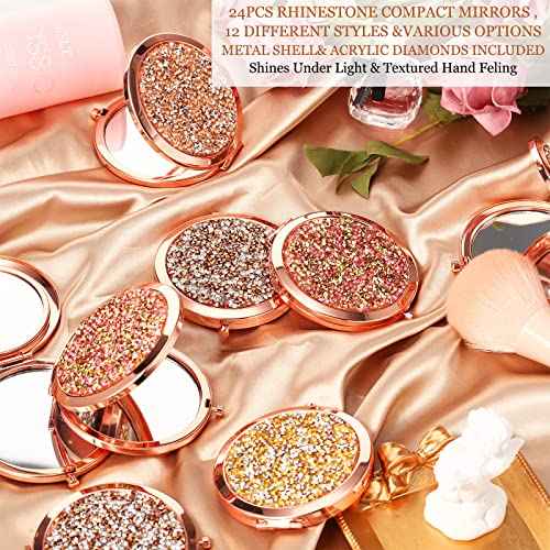 Cindeer 24 Pcs Small Compact Mirror Folding Pocket Makeup Round Hand Held Cosmetic Magnifying Compact Rhinestone Mirror with 1X/2X Magnification for Women Girls Travel (Mixed Colors)