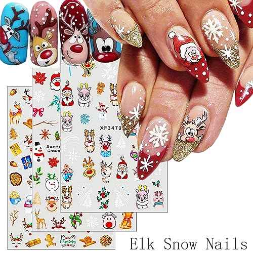 10 Sheets Christmas Nail Art Stickers, 3D Snowflake Nail Decals Cute Cartoon Elk Santa Claus Snowman Penguin Deer Snow Nail Design Xmas Winter Nail Stickers for New Year Holiday Manicure Decoration