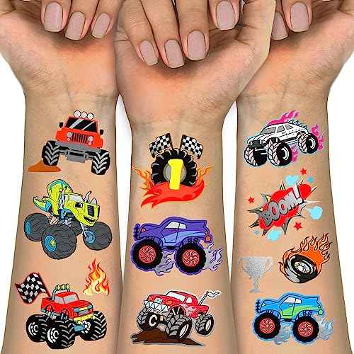 Temporary Tattoos for Kids, 75 PCS Truck Tattoos for Hot Wheel Birthday Party Decoration Favor, Metallic Tattoos, Monster Truck, Car Racing, Checkered Flag, Flames Tattoo for Boys Girls