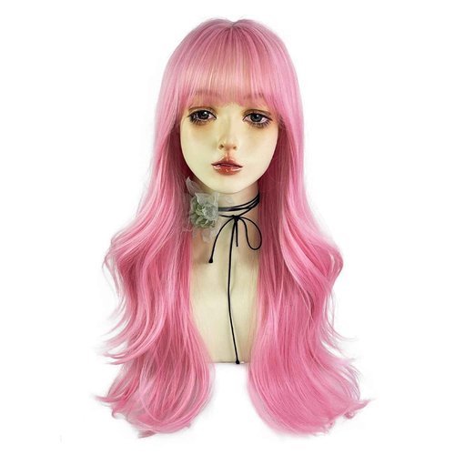 WKLOUYHE Pink Long Wavy Wigs with Bangs for Women - Loose Wavy Synthetic Cosplay Wig for Girl - Colorful Costume Wigs