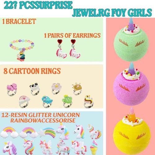 Kottke Kids Bath Bombs, 20 Organic Kids Bath Bombs with Jewelry Rings Inside, Non-Pierced Earrings and Ear Clips, Girls Birthday, Christmas, Easter, Valentine's Day Gift Set