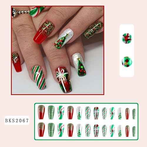 Christmas Press on Nails Medium Coffin Fake Nails with Christmas Tree Gift Knots Designs Glitter Glue on Nails Xmas Design Green and Red Stripes Full Cover False Nails Artificial Acrylic Nails 24pcs