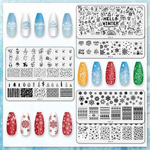 Whaline 6 Pieces Winter Nail Art Stamping Plates Kit Snowman Snowflake Pine Tree Sweater Image Stamp Templates Hello Winter Nail Art Plates for Winter Xmas DIY Print Manicure Salon Design Gift
