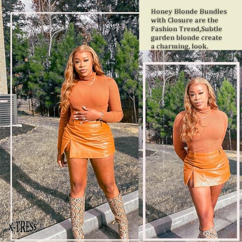 X-TRESS Honey Blonde Bundles 10A Body Wave Bundles Human Hair Braiding Hair Wavy Remy Hair Extensions Quick Weave Hair Bundles Double Wefts 1 Bundles for Braiding 22 Inch
