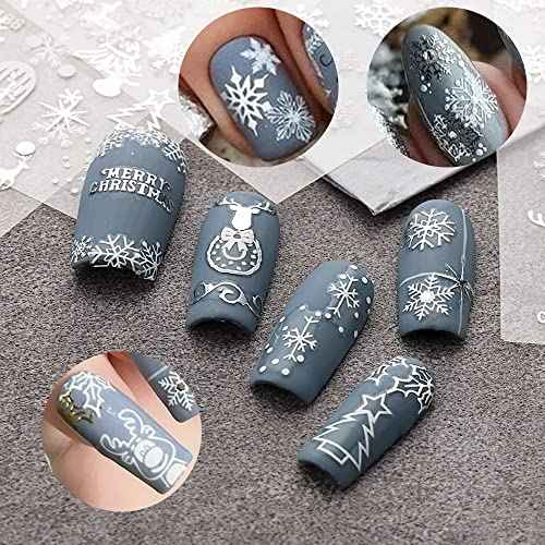 Christmas Nail Art Stickers Decals, White Sliver Snowflake Nail Decorations 3D Winter Christmas Xmas Snowmen Elk Trees Design Nail Stickers for Acrylic Nail Art Happy New Years Party Supplies 5Sheets
