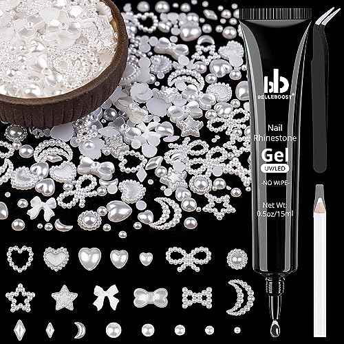 600Pcs 3D Multi Shapes Nail Charms and Flatback Pearls, White Mix Styles Heart Star Bow Sunflower Embellishments for Nail Art, Craft and Decoration with Glue Gel, Tweezer and Pickup Pencil