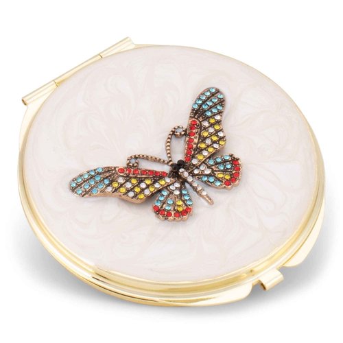 Cottage Garden Hand Painted Golden Metal Enamel Ornamental Vintage Hinged Lid Personal 3 Inch Makeup Beauty Double Sided Compact Travel Mirror with Bejeweled Crystals, Butterfly