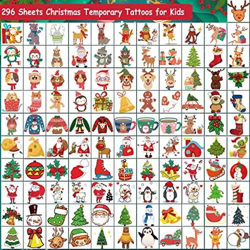Christmas Temporary Tattoos for Kids - 296 PCS Christmas Individual Tattoos for Kids Christmas Xmas Party Favors, Stocking Stuffer, Christmas Eve Gift