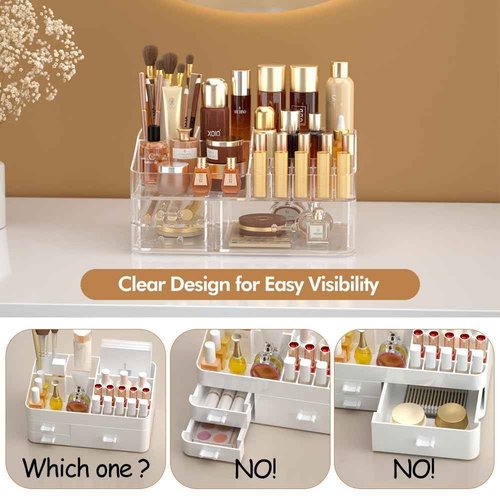 DALEMKY Makeup Organizer for Vanity, Acrylic Large Desk Organizer with Drawers, Ideal Vanity Holder for Cosmetics, Lipsticks, Nail Polish, Skincare, Countertop, Bathroom, Dresser