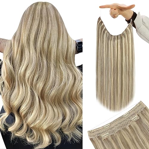 YoungSee Wire Hair Extensions Brown Blonde Invisible Wire Hair Extensions Human Hair Platinum Blonde with Light Brown Highlight Fish Line Hair Extension Real Human Hair 14 Inch 80g