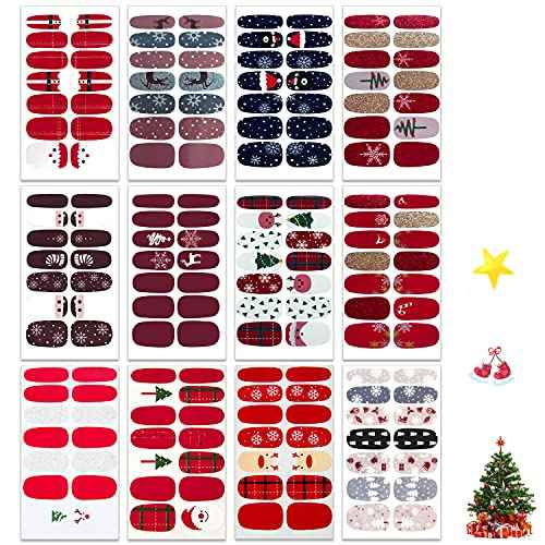 WOKOTO 12 Sheets Christmas Nail Polish Strips Wraps Self Adhesive Full Nail Wraps for Nails Santa Claus Elk Snow Man Christmas Tree Christmas Nail Decals Sticker Nails for Nail Art Gel Strips