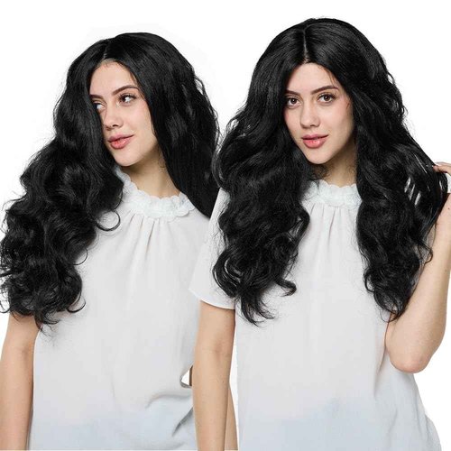 Macodio 26Inch Black Wavy Synthetic fiber Wigs Hand Tied Glueless Natural Density Preplucked Hairline for Daily Party Use (Style 1)