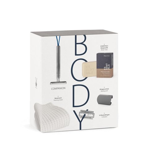 MÜHLE Gift Set BODY: Companion unisex safety razor shaving set | shave gift set including body soap bar, blade guard, razor blade 10-pack and cotton shave towel