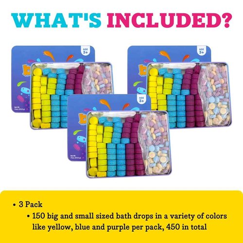 Kid Made Modern Bath Color Tablets for Kids - 450 Non Toxic Bath Drops for Toddlers Blue, Yellow, Pink, and Purple Bathtub Color Fizzies Tablets - Fun & Mini Bath Bombs (150 Count / 3 Pack - Ages 3+)